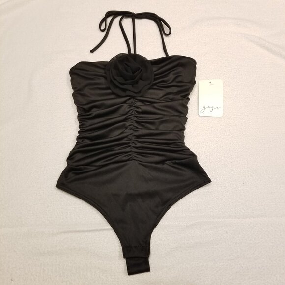 NWT Bodysuit with Rosette Black Halter Tube Top Shirt Ruched Sleeveless XS Gaze - Picture 2 of 13